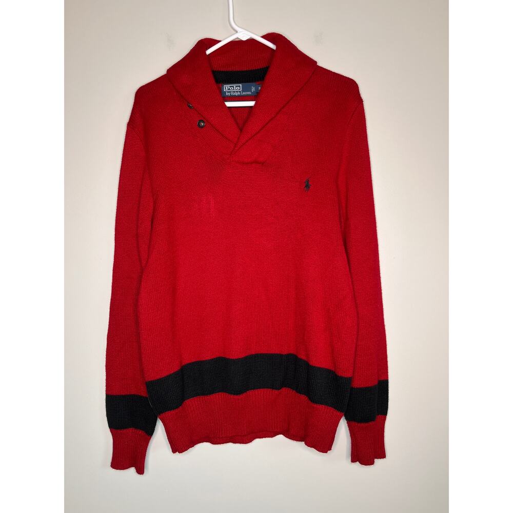 Polo Ralph Lauren Red Black Stripe Rugby Cowl Shawl Old Money Sarl Sweater S